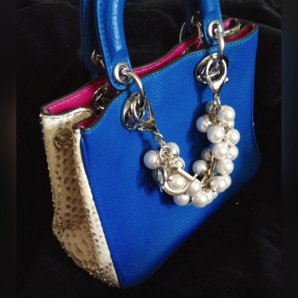 CHRISTIAN DIOR Lady Dior Blue Calfskin Python Leather Medium Diorissimo Hamdbag